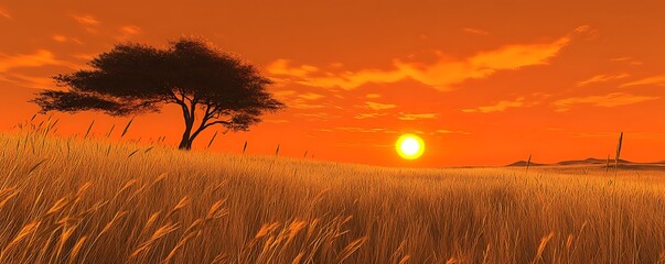 a serene savanna with tall golden grasses and a lone acacia tree under a vibrant orange sunset