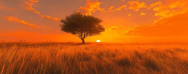 A serene savanna with tall golden grasses and a lone acacia tree under a vibrant orange sunset