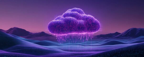 Abstract big data cloud with floating binary code in a futuristic purple landscape