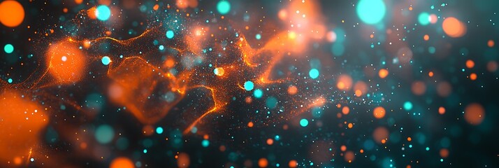AI-powered big data flow in a virtual space with orange and teal glowing particles