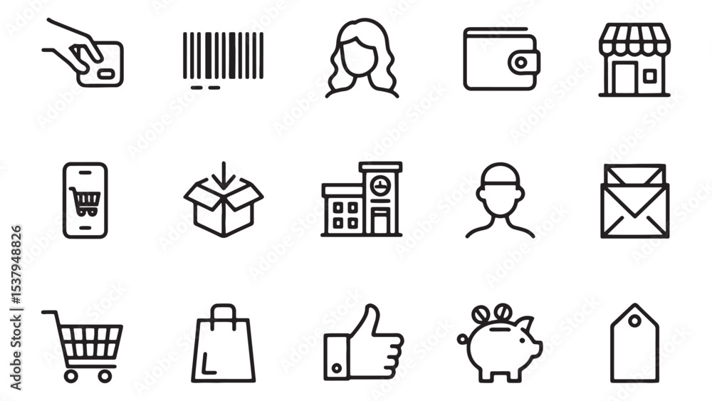 E-commerce and Shopping Vector Icons Set 20 Line Art Graphics for ...
