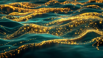 Digital ecosystem showcasing flowing golden data pathways over a dark teal network