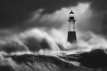 Wall Mural - lighthouse amidst a turbulent monochrome seascape