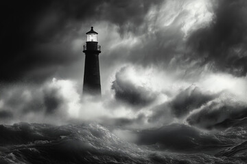 Wall Mural - lighthouse amidst a turbulent monochrome seascape