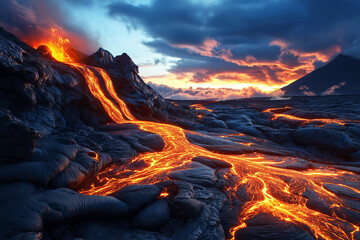 Wall Mural - expansive volcanic landscape with glowing lava flow