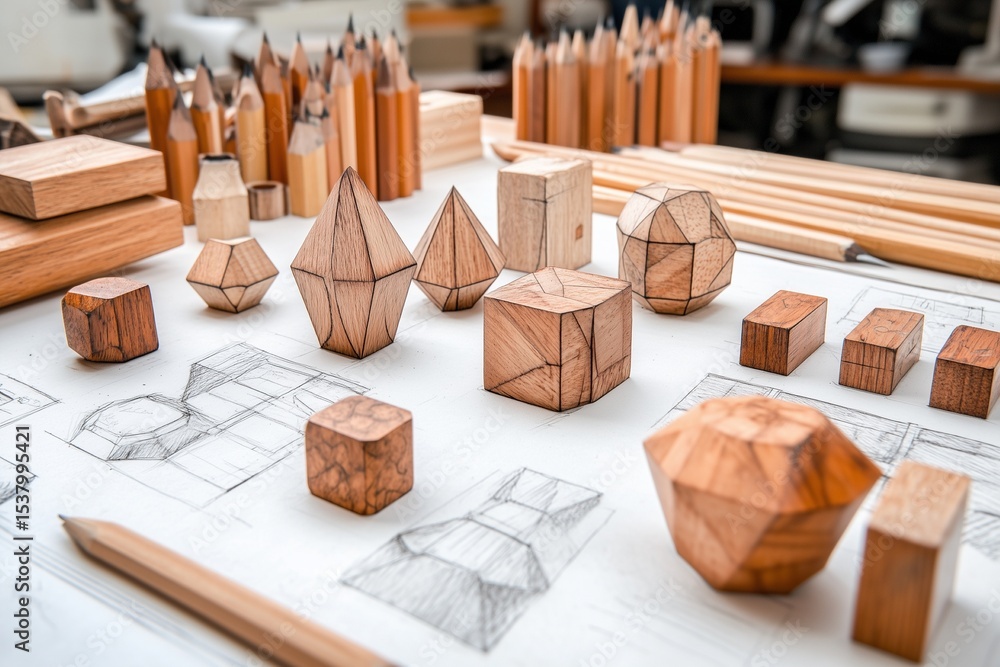 Geometric shapes sketch process, wooden blocks and pencil drawings ...
