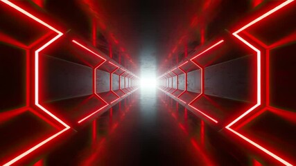 Futuristic tunnel with red neon lighting. Hexagonal panels line a long corridor