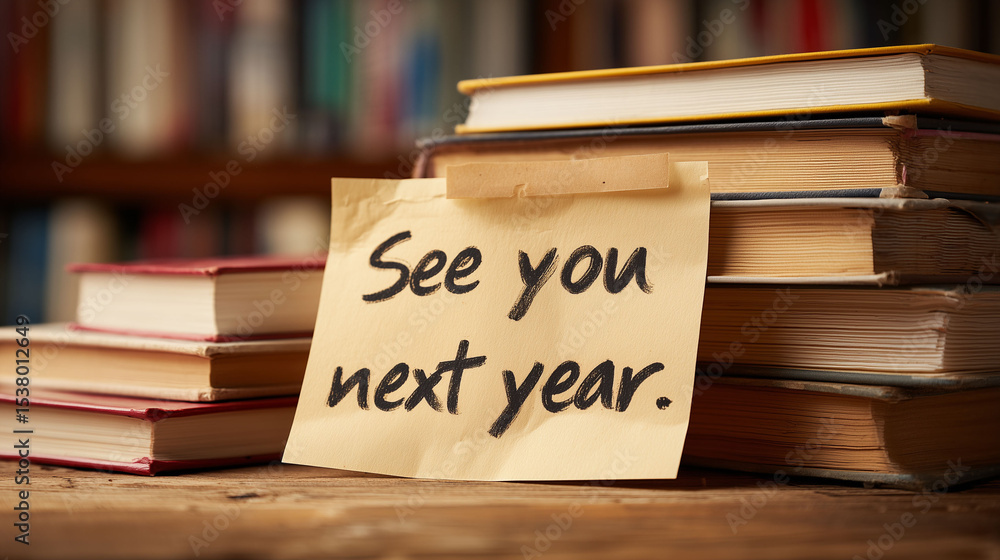 Stock-Foto „See you next year written on paper note with stack of books ...