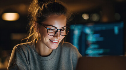 beautiful woman it specialist using laptop, diverse ethnicity, tech startup background with coding s