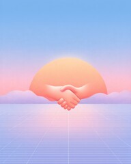 Wall Mural - Handshake symbolizes partnership at sunset. Business agreement, cooperation, collaboration, digital landscape, future.