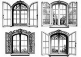 アンティーク調の優雅な窓枠イラスト（ペン画・ロココ風）Elegant Antique Window Frame Illustration (Ink Drawing, Rococo Style