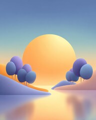 Wall Mural - Sunset reflects on water with trees on land. Illustration style with soft colors and landscape elements.