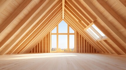 Wall Mural - bright, spacious attic with wooden beams and floor, featuring large triangular windows and a skyligh