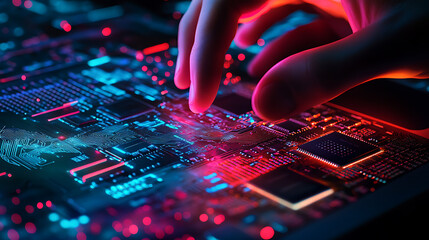 Finger hovers over a glowing futuristic keyboard with intricate circuits and vibrant blue and pink hues, ideal for technology concepts.