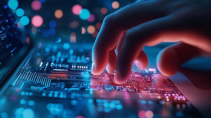Finger hovers over a glowing futuristic keyboard with intricate circuits and vibrant blue and pink hues, ideal for technology concepts.