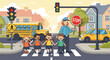 © meeblues - Adobe illustrator artwork vector illustration of a kind police officer helping a group of diverse children safely cross the street at a zebra crossing near a school bus