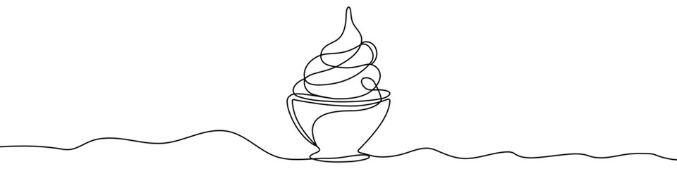 Black soft serve ice cream in cup in single line art style. Editable minimalist ice cream drawing on white background. Vector illustration.