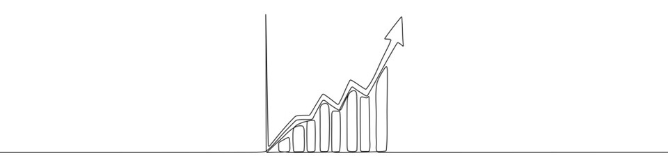 Black growth chart with up arrow in one line art style. Chart drawing with editable stroke on white background. Vector illustration.