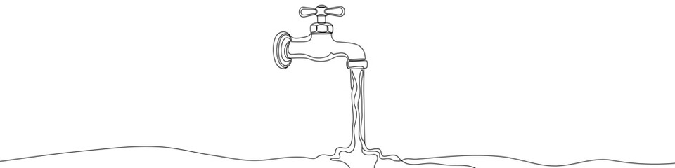 Black water tap with flowing water in one line art style. Tap drawing with editable stroke on white background. Vector illustration.