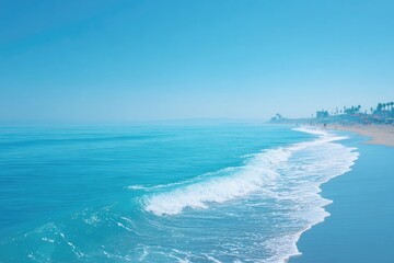 Wall Mural - serene beach scene with clear blue skies and people in distance blurred to create minimalistic feel