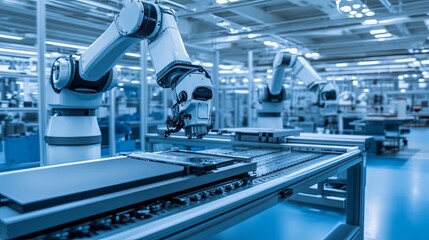advanced robotic arms in a smart manufacturing factory assembling high-tech machinery in a clean blu
