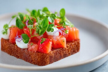 Wall Mural - close-up of eclectic fusion cuisine on simple white ceramic plate