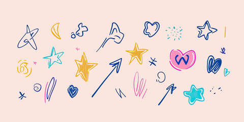 Wall Mural - hand drawn colorful doodle stars hearts arrows sparkles wind lines emotion expression decoration vec