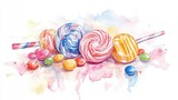 Colorful watercolor candy composition with lollipops and sweets