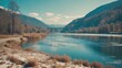 © Lasvu - Beautiful river in a pretty area with a cold lake landscape, stock photo background, and empty copy space for text