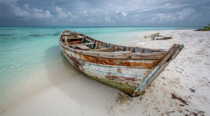  A weathered wooden boat rests on a pristine white sand beach, shallow turquoise water lapping gently at its hull.  Dark storm clouds loom in the background