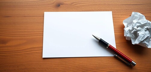 Wall Mural - Close-up of a blank white paper with a pen and crumpled paper ball on a wooden desk,  detail,  wood