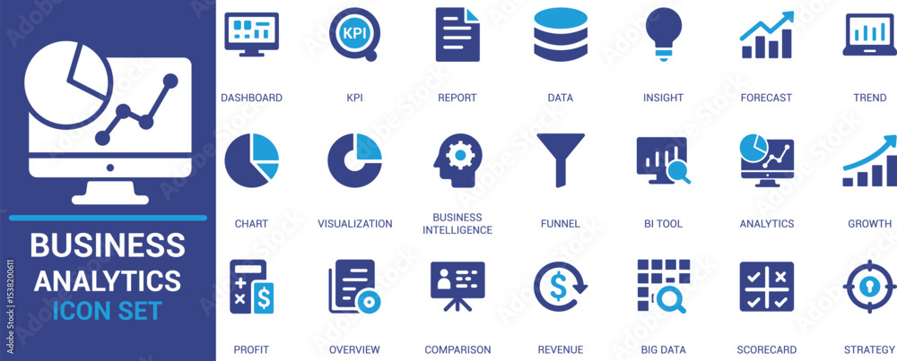 Flat business analytics icons including KPI, dashboard, data, insights ...