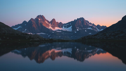  Stark Mountain Silhouettes and Snowy Contours Reflected in a Glassy Lake, Illuminated by Last Light