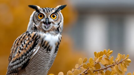 large owl is perched on a branch, staring at the camera. the image has a calm and peaceful mood, as 