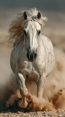 Naklejka na meble Majestic white horse galloping across sandy terrain during golden hour in a desert landscape