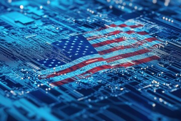 USA Flag Overlaid on Circuit Board - Symbolizing American Tech Innovation.