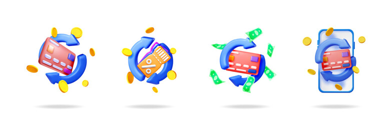 3d plastic set cashback, refund, money back, financial exchange concept. Credit card, mobile phone, cash banknote, coin, voucher icon. Stock vector set collection.