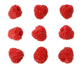Nine fresh raspberries rotating on transparent background