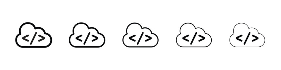 Cloud code icons in black stroke designs on white background