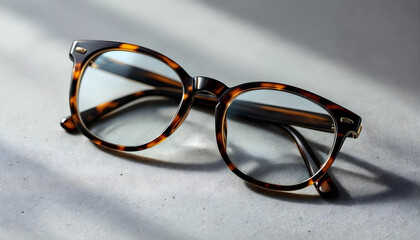 close-up of glossy tortoiseshell glasses resting on textured gray surface with soft, diffused lighti