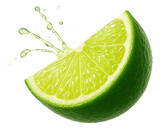A fresh lime wedge with juice visibly splashing out, highlighting the vibrant green rind and juicy segments.