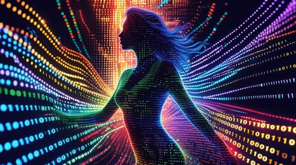 Silhouette of a woman with binary code and colorful light streaks background
