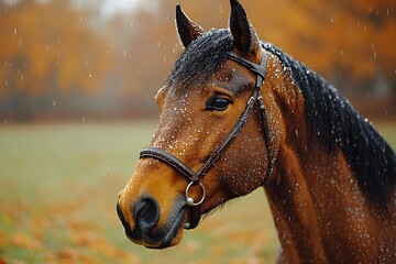 Wall Mural - Autumn Horse Portrait in Rain for Nature-Themed Wall Art or Equestrian Prints