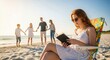 © Worldwide - Relaxing Woman Reading Book on Beach with Family in Background During Sunny Day