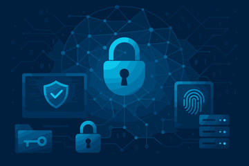 Cybersecurity concept with digital padlock. Network security and data protection technology background. Information privacy, antivirus, biometrics, and server protection illustration.