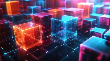 Wall Mural - abstract digital cityscape of glowing translucent cubes