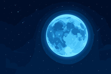 Wall Mural - Blue moon vector illustration. Full moon on a dark starry night sky with falling stars. Cartoon celestial background. Magical, fantasy midnight sky with clouds and meteorite shower.
