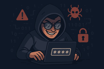 hacker in hoodie illustration. cybersecurity concept of cyber crime, internet fraud, and data breach
