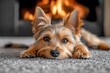 © Kobkaew - Relaxing dog by the fireplace cozy living room pet photography warm atmosphere close-up view comfort and companionship