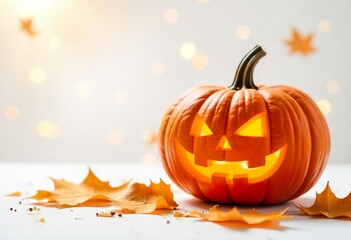 Wall Mural - vibrant orange jack-o'-lantern pumpkin, carved with a friendly face and lit from within, sits on a white surface surrounded by autumnal leaves.